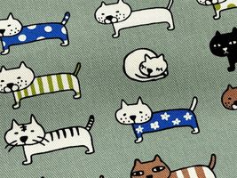 コットンこばやし よこならびネコのツイルプリントグリーン