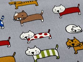 コットンこばやし よこならびネコのツイルプリントグレー