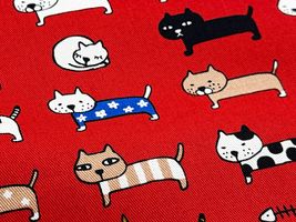 コットンこばやし よこならびネコのツイルプリントレッド