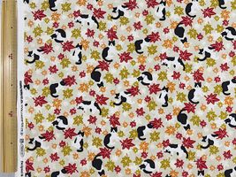 シーチングプリント「ハチワレネコともみじ」アイボリー