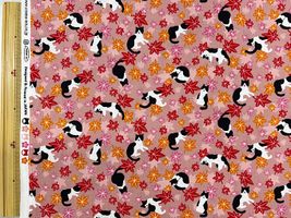 シーチングプリント「ハチワレネコともみじ」ピンク