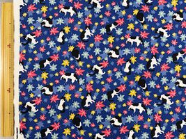 シーチングプリント「ハチワレネコともみじ」ネイビー