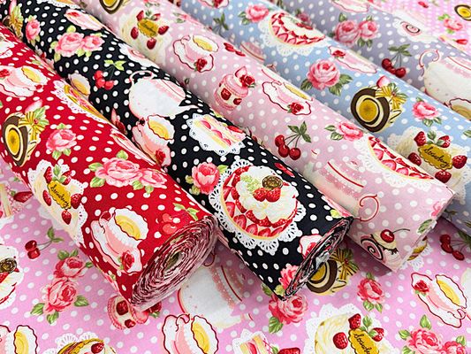 シーチングプリント un/no「水玉＆ケーキのティーパーティー」