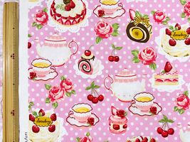 シーチングプリント un/no「水玉＆ケーキのティーパーティー」ライトピンク