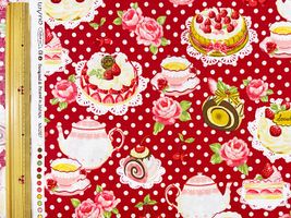 シーチングプリント un/no「水玉＆ケーキのティーパーティー」レッド