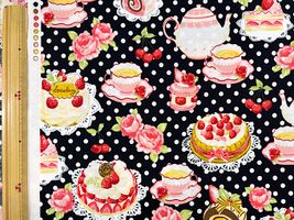 シーチングプリント un/no「水玉＆ケーキのティーパーティー」ブラック