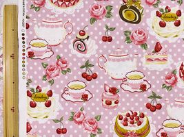 シーチングプリント un/no「水玉＆ケーキのティーパーティー」くすみピンク