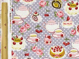 シーチングプリント un/no「水玉＆ケーキのティーパーティー」グレー