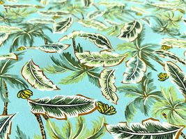 ヴィンテージ調ブロードプリント「レトロ・パームツリー」ライトブルー