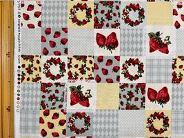 【現品限り特価】シーチングプリント un/no「ストロベリーパッチワーク」イエローグリーン系