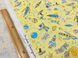 【現品限り特価】ダブルガーゼプリント「スペースロボッツ」イエロー