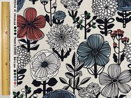 北欧調広幅綿麻キャンバスプリント「ボタニカルフラワーズ」青花×グレージュ地