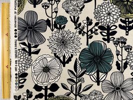 北欧調広幅綿麻キャンバスプリント「ボタニカルフラワーズ」緑花×ナチュラル地