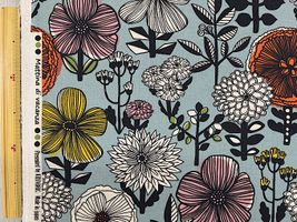 北欧調広幅綿麻キャンバスプリント「ボタニカルフラワーズ」スモークブルー地