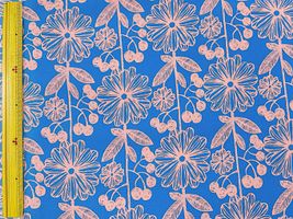 タスランナイロンプリント「Nordic flowers」サーモンピンク×ブルー