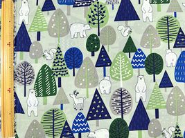 ナイロンオックスプリント「北欧の森と動物たち」グリーン