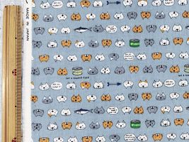 コットンこばやしダブルガーゼプリント「ねこと鯖缶」くすみブルー