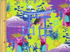 『nora.』シーチングプリント「お狐と富士」ネオングリーン