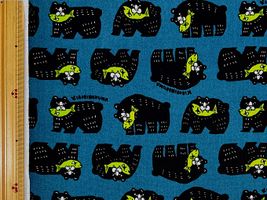 ビビットカラーのオックスプリント「シャケクマ」ブルーグリーン地