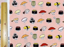 シーチングプリント FOOD YURU「ワクワクおすし柄」コーラルピンク