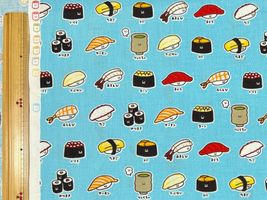 シーチングプリント FOOD YURU「ワクワクおすし柄」スカイブルー