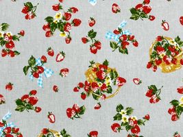 ぷちイチゴとリボンのシーチングプリントグレー