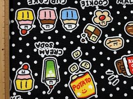 シーチングプリント FOOD YURU「ワイワイおかし柄」ブラック