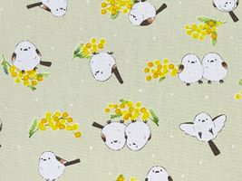 愛らしいシマエナガとミモザのオックスプリントイエローベージュ