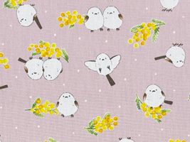 愛らしいシマエナガとミモザのオックスプリントピンク