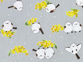 愛らしいシマエナガとミモザのオックスプリントグレー