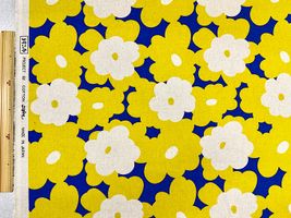 コットンこばやし綿麻キャンバスプリント「ママレード」ブルー地×イエロー花