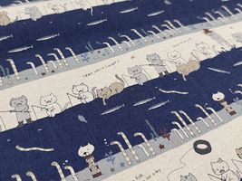 コットンこばやし綿麻キャンバスプリント「釣り猫 feat.チンアナゴ」ネイビー