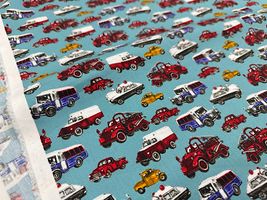 my piece of fabric クラシックな働く車のブロードプリントブルー