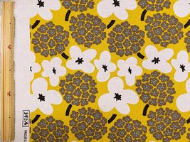 コットンこばやし フラワーブーケの綿麻キャンバスプリントマスタード地