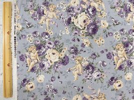 ロココ調綿麻キャンバスプリント「エンジェル&ローズ」ブルー