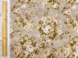 ロココ調綿麻キャンバスプリント「エンジェル&ローズ」グレージュ