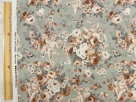 ロココ調綿麻キャンバスプリント「エンジェル&ローズ」グリーン