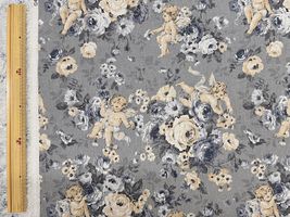 ロココ調綿麻キャンバスプリント「エンジェル&ローズ」グレー