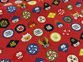 コットンこばやし綿麻キャンバスプリント「家紋！武者猫」赤