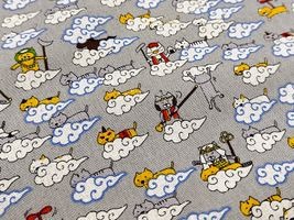 コットンこばやし綿麻キャンバスプリント「猫遊記」グレー