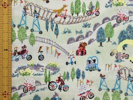 60ローンプリント「思い出のサイクリング」グリーン地