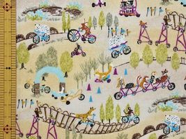 60ローンプリント「思い出のサイクリング」ベージュ地