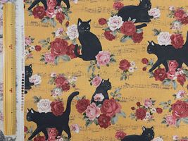 綿麻キャンバスプリント「ネコと薔薇のアンサンブル」パンプキン
