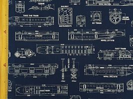 電車の設計図柄のオックスプリントネイビー
