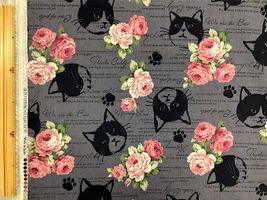 【現品限り特価】綿麻キャンバスプリント「ハチワレネコと薔薇」グレー