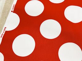 LOOPOOL はみだすドットのオックスプリントレッド地×白水玉