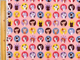 シーチングプリント un/no「カートゥーンキャット」ピンク