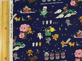 コットンこばやし綿麻キャンバスプリント「猫にっぽんおとぎ話」ネイビー