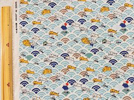 コットンこばやし綿麻キャンバスプリント「たいやきとネコ」スカイブルー