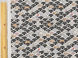 コットンこばやし綿麻キャンバスプリント「たいやきとネコ」ブラック